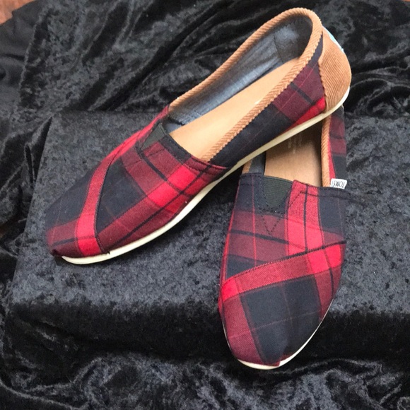 TOMS Shoes - TOMSRed/Black Plaid Canvas w tan corduroy heel.